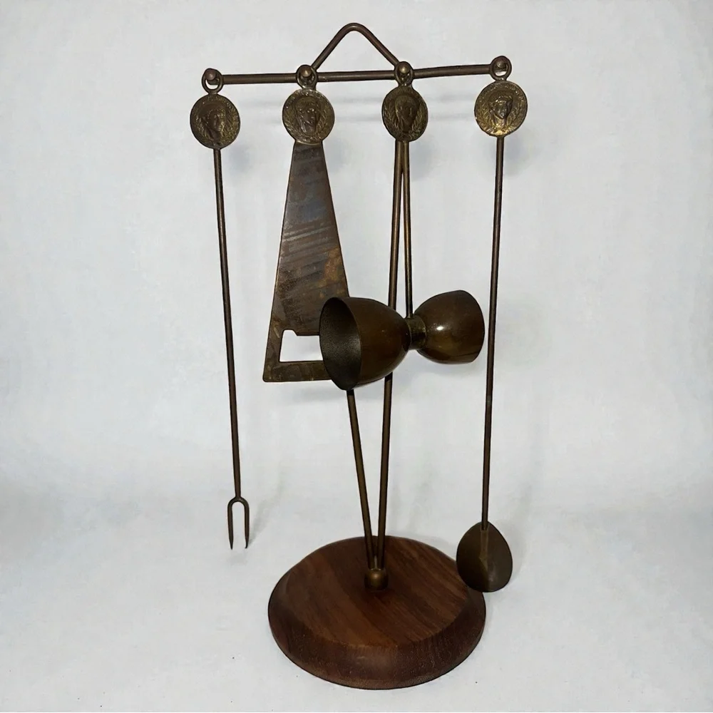 VINTAGE Mid-Century Solid Brass Bar Tool Set with Greek Motif & Wood Base